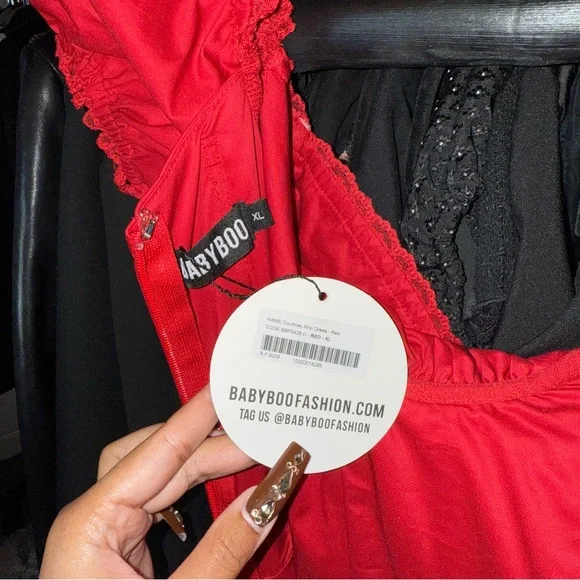 Babyboo Courtney Red Off-Shoulder Corset Midi Dress with Slit - Picture 12 of 13